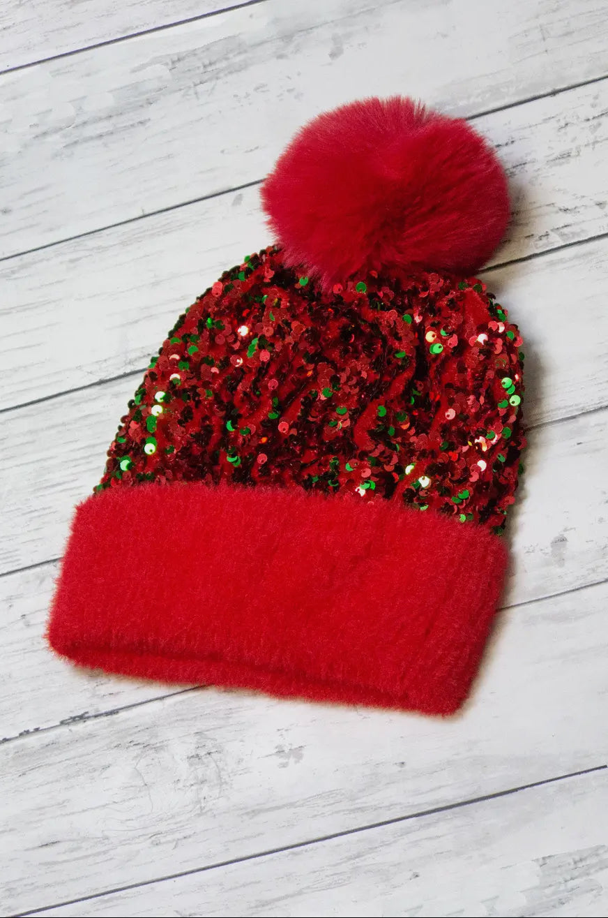 Sequin Fur Pom Fashion Beanie - Green & Red