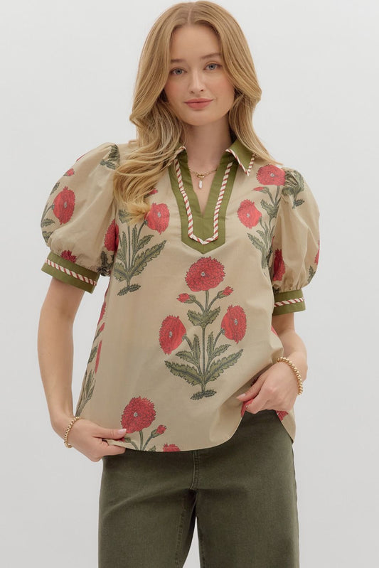 Ecru Floral Print bubble sleeve top