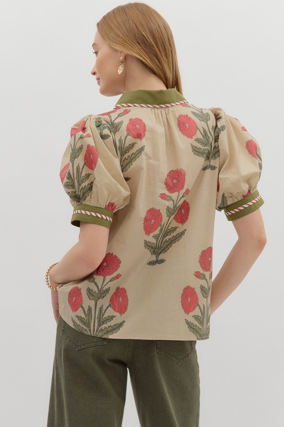 Ecru Floral Print bubble sleeve top