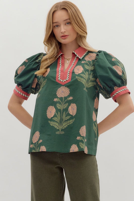 Green Floral Print bubble sleeve top