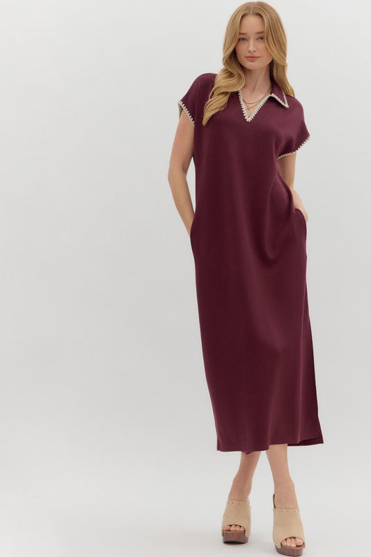 Plum blanket stitch detail dress