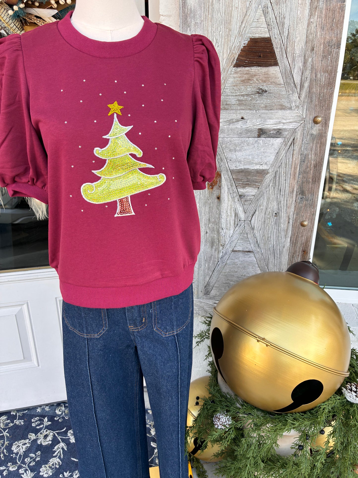 Christmas Tree Puff Sleeve Round Neck Top