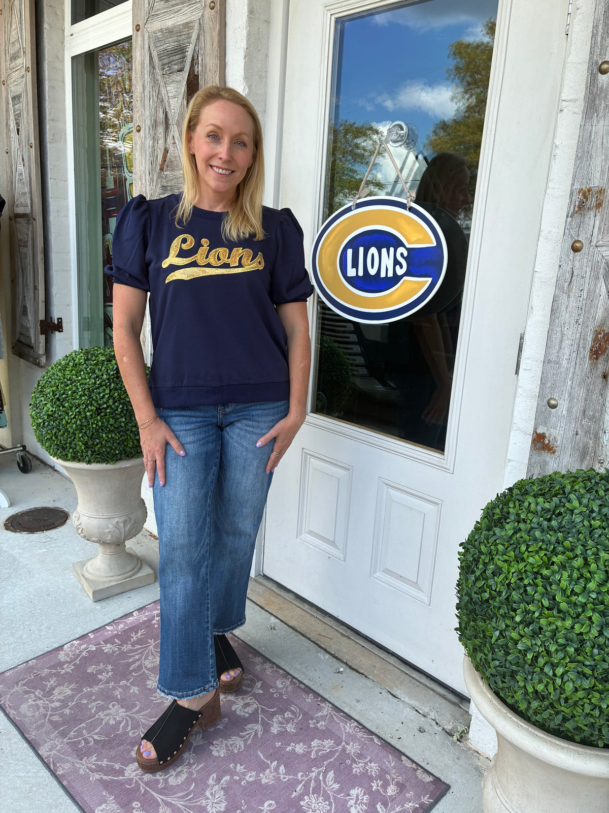 Navy Lions Sequin Puff Sleeve Top