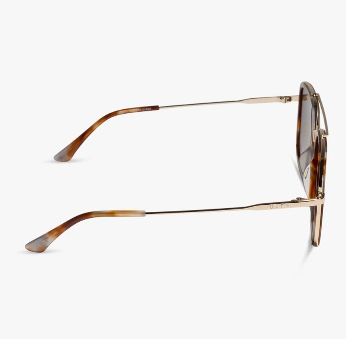A pair of square-frame sunglasses with tortoise shell acetate arms and gold-tone metal frames, shown from a side profile view on a light gray background.