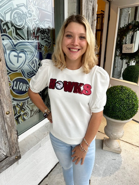 Hawks White Puff Sleeve Round Neck Top