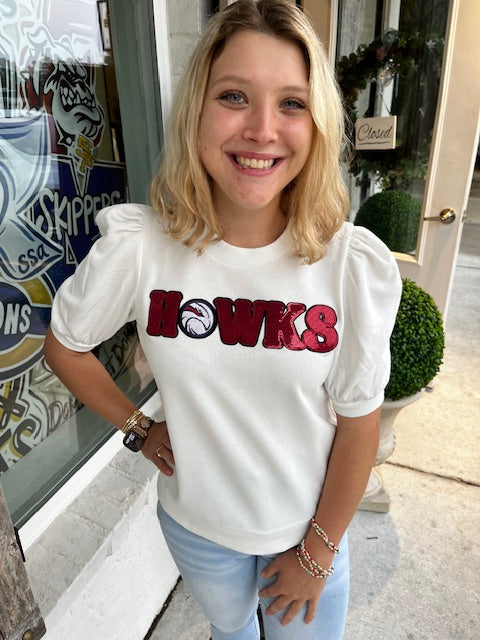 Hawks White Puff Sleeve Round Neck Top