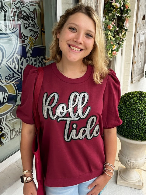 Roll Tide Puff Sleeve Round Neck Top