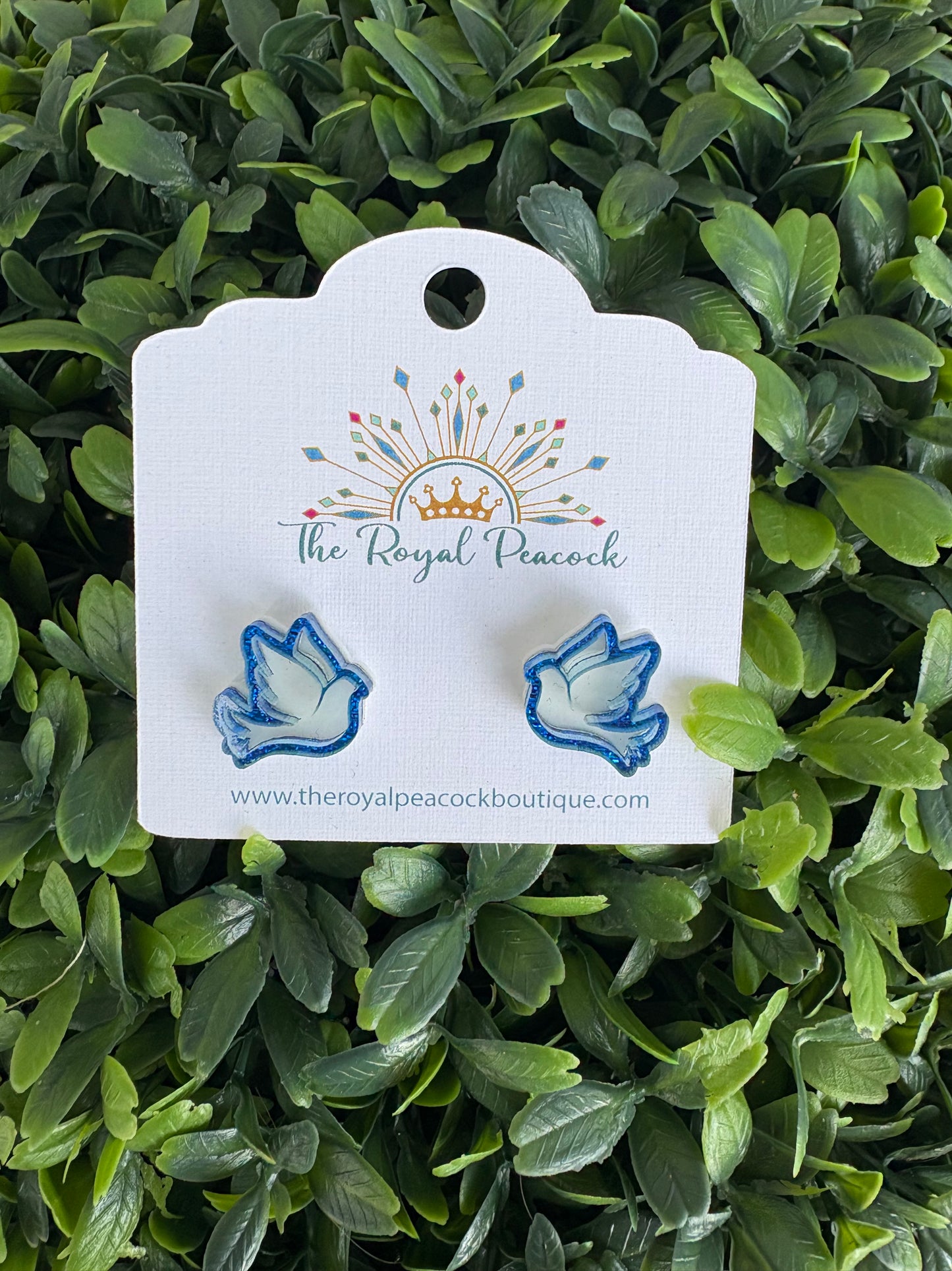 White Dove with blue outline stud earrings