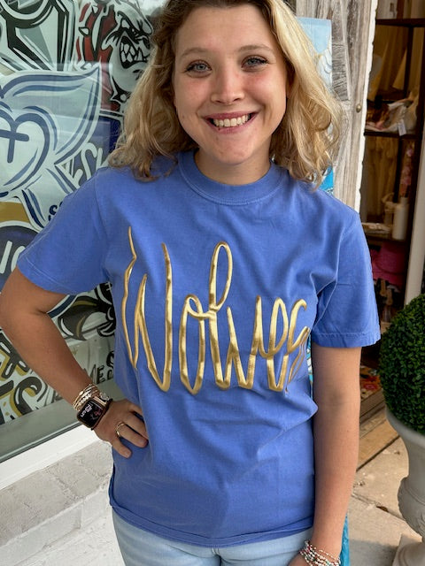 Wolves Jumbo Cursive Metallic Puff T shirt