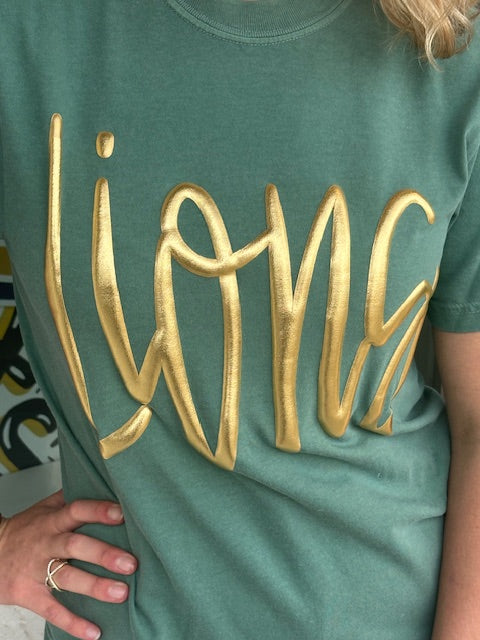 SLU Lions Jumbo Cursive Metallic Puff T shirt