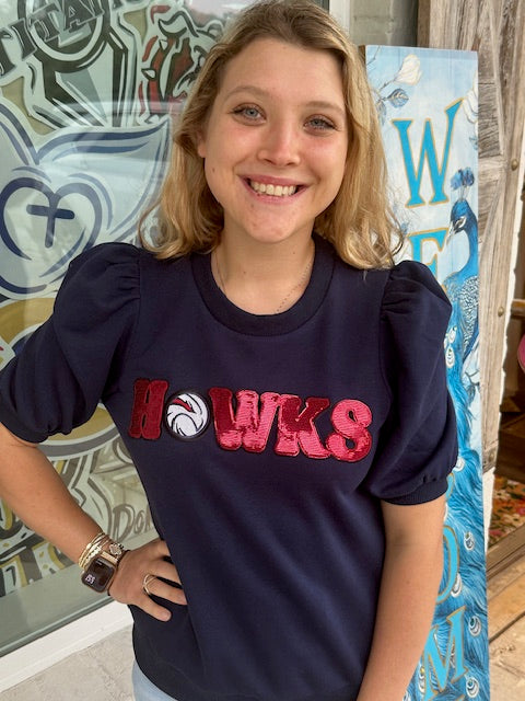 Hawks Navy Puff Sleeve Round Neck Top