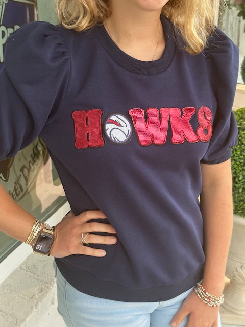 Hawks Navy Puff Sleeve Round Neck Top