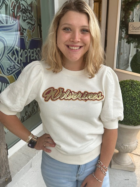 Wolverines  Cream Puff Sleeve Round Neck Top