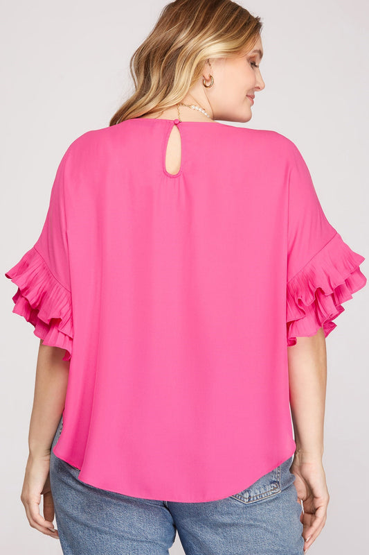 Hot Pink Pleated Ruffle Sleeve Top
