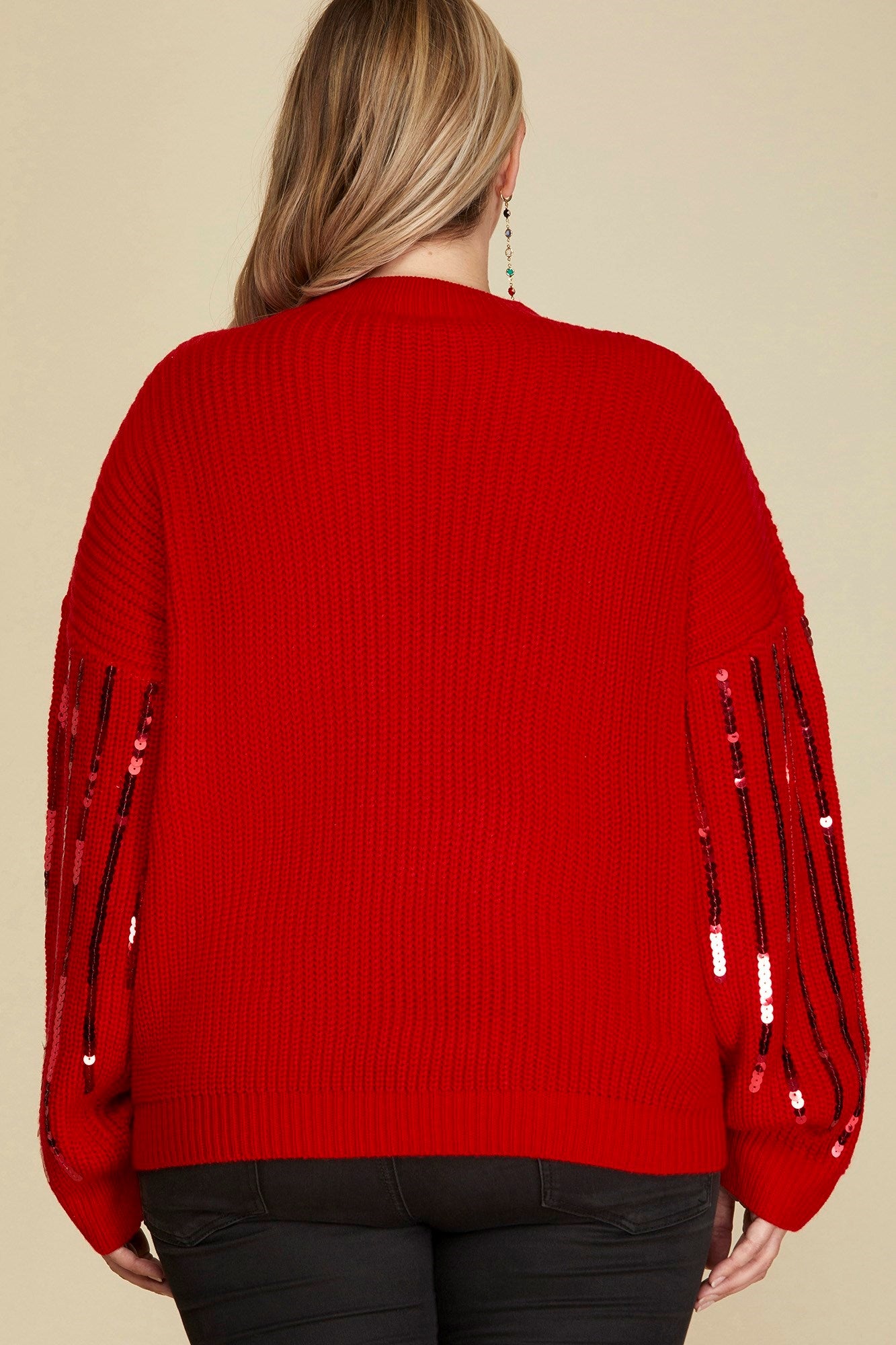 Long Sleeve Sequin Crew Neck Sequin Sweater - RED