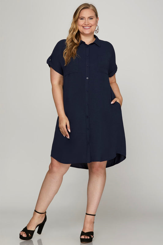 Black Button Up Shirt Dress w Pockets - curvy