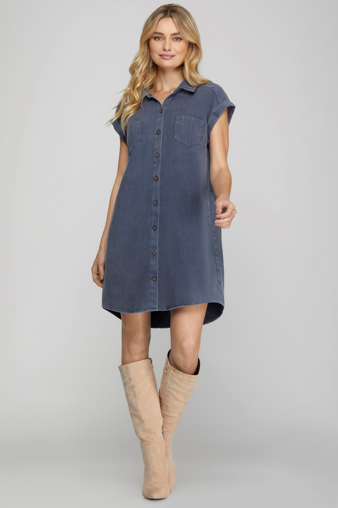 Button Down Washed Denim Twill Dress w Pockets