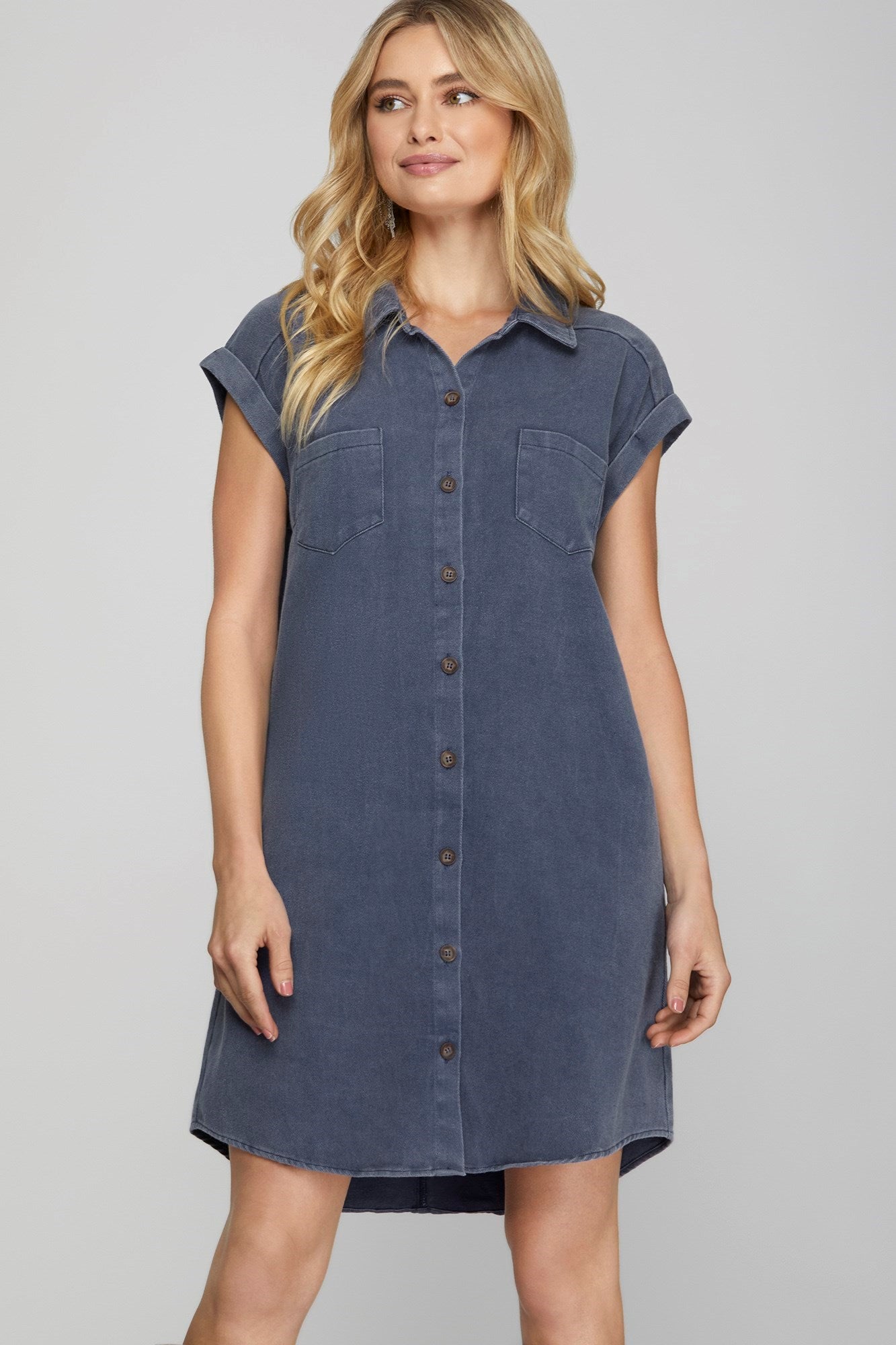Button Down Washed Denim Twill Dress w Pockets