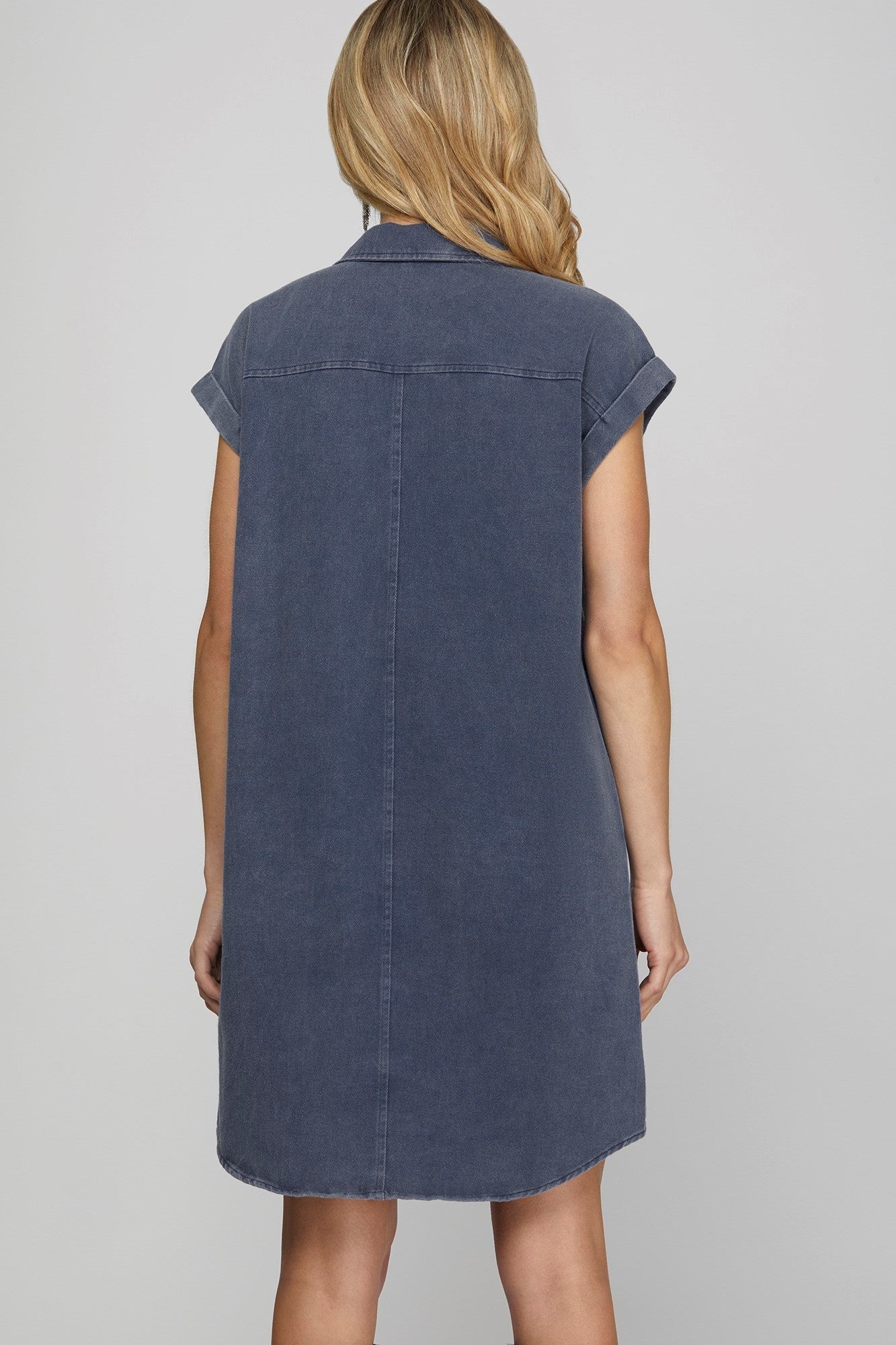 Button Down Washed Denim Twill Dress w Pockets