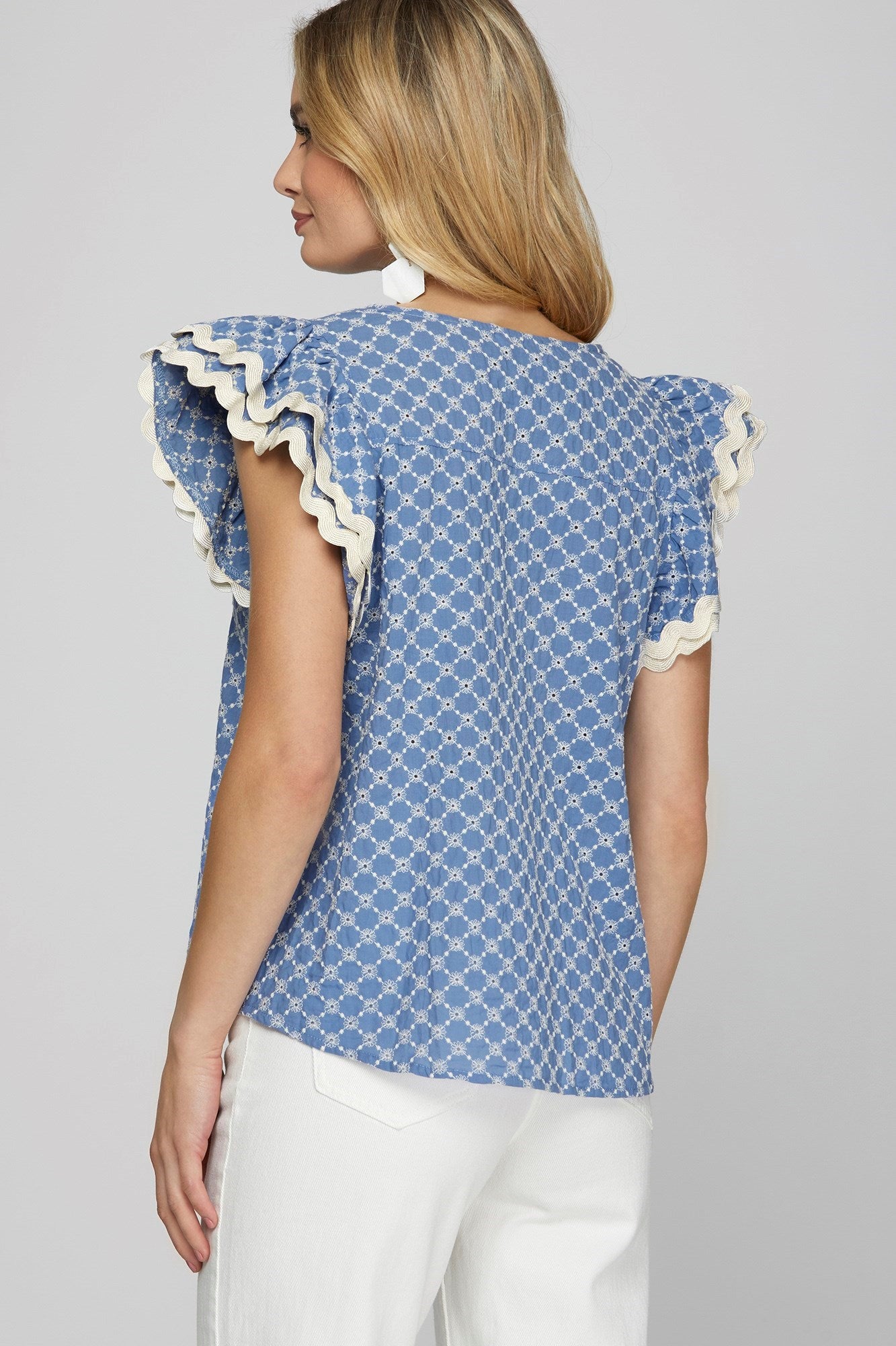 Blue Ric Rac Trim Eyelet Lace Top