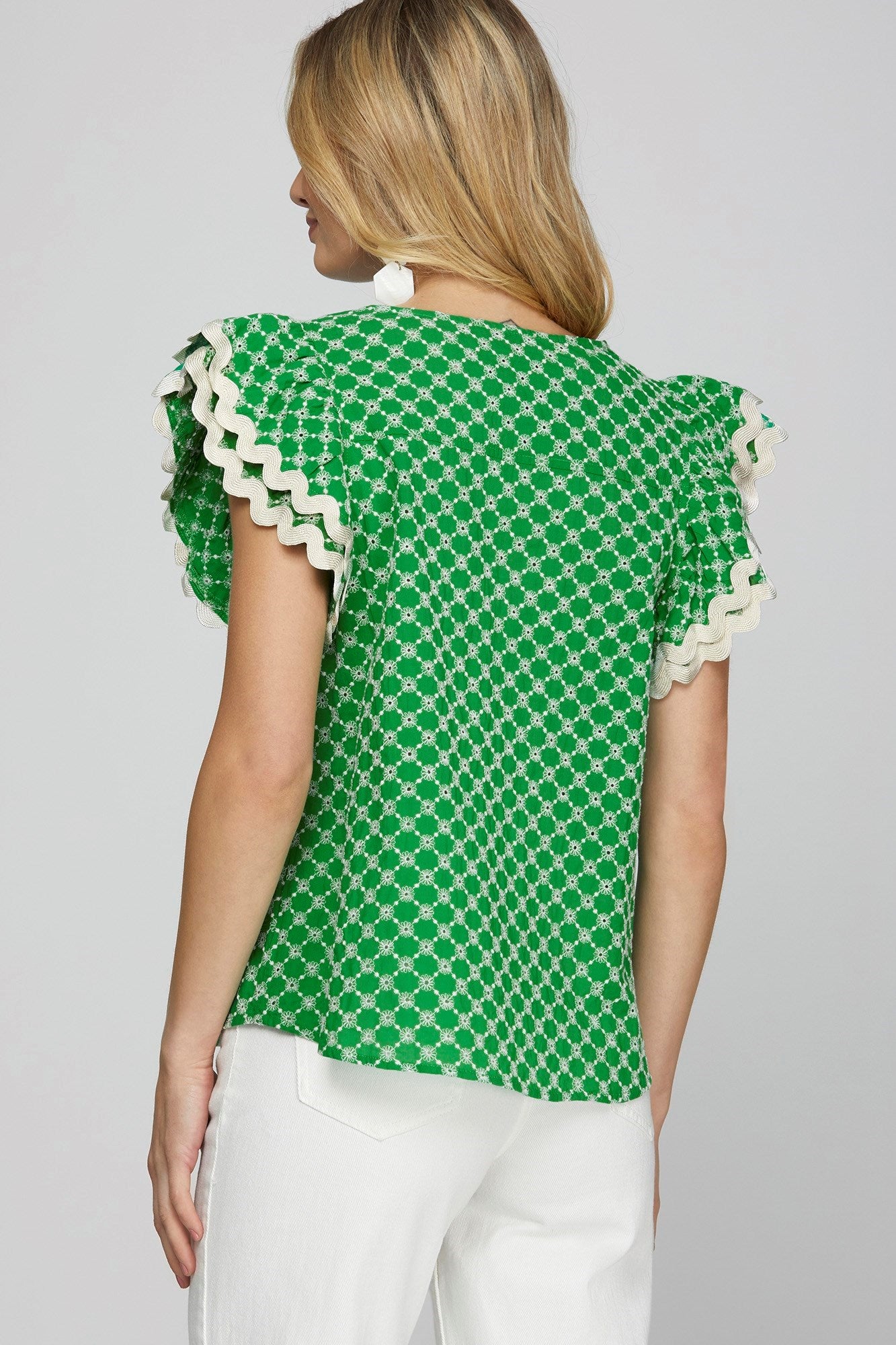 Green Ric Rac Trim Eyelet Lace Top