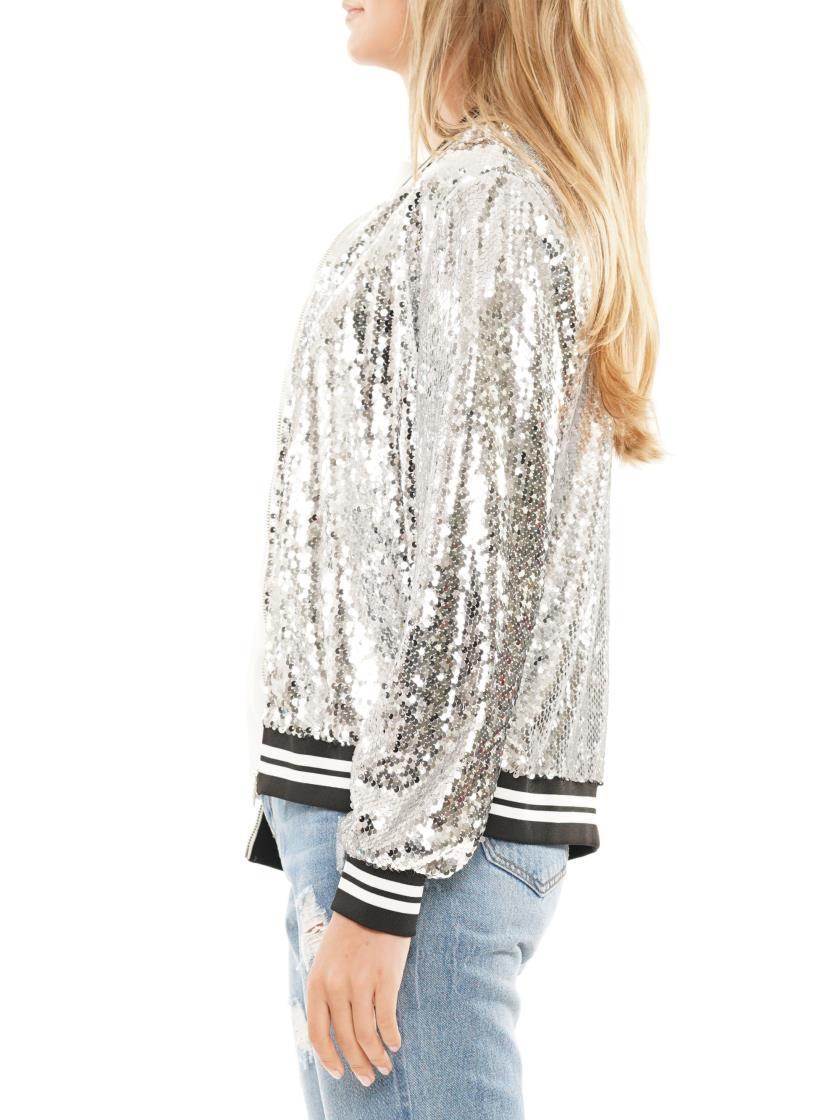 Silver Sequin Bomber Jacket with Black and White