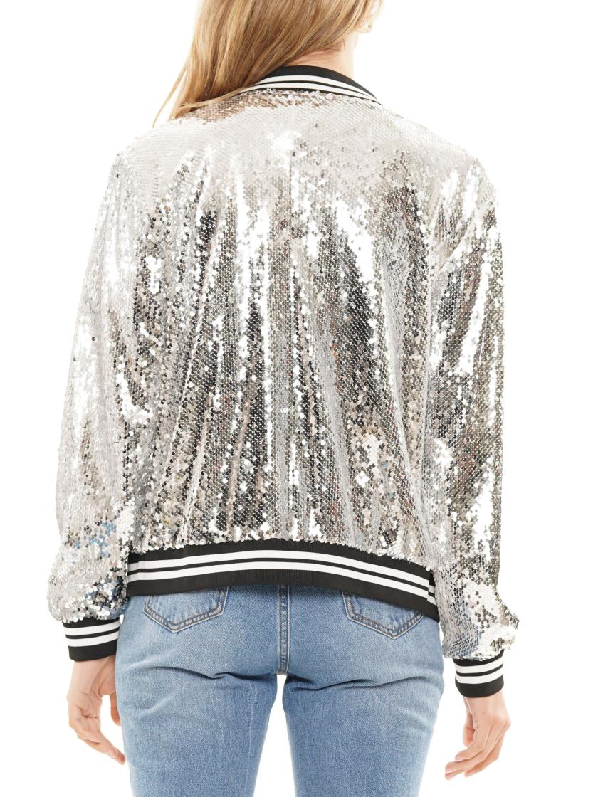 Silver Sequin Bomber Jacket with Black and White