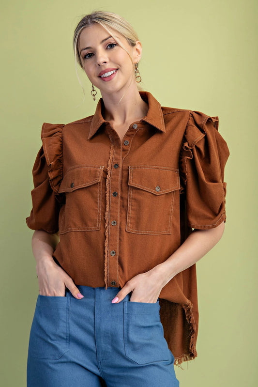 Copper  Linen Button up Shirt w Ruffled Gathered Sleeve