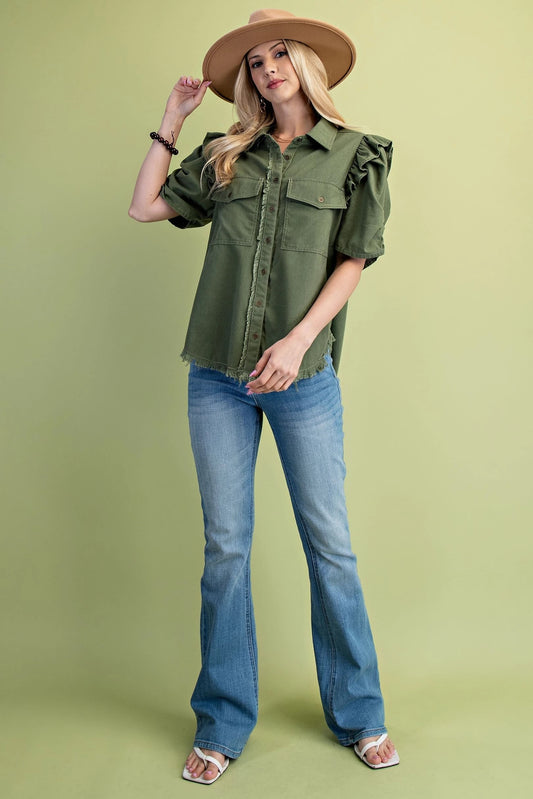 Olive Linen Button up Shirt w Ruffled Gathered Sleeve