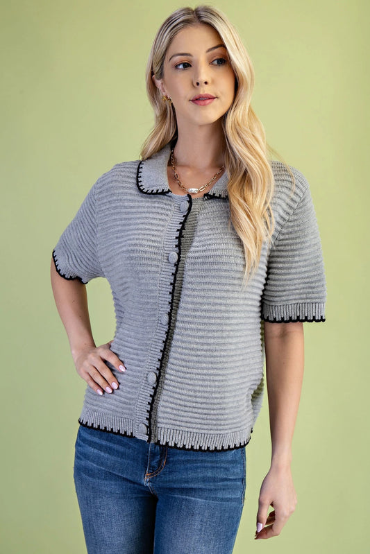 Grey Textured Knit Button Front Cardigan