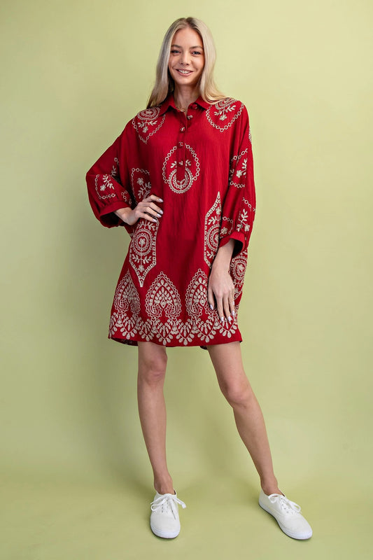 Crimson Dolman Sleeve Shirt Dress
