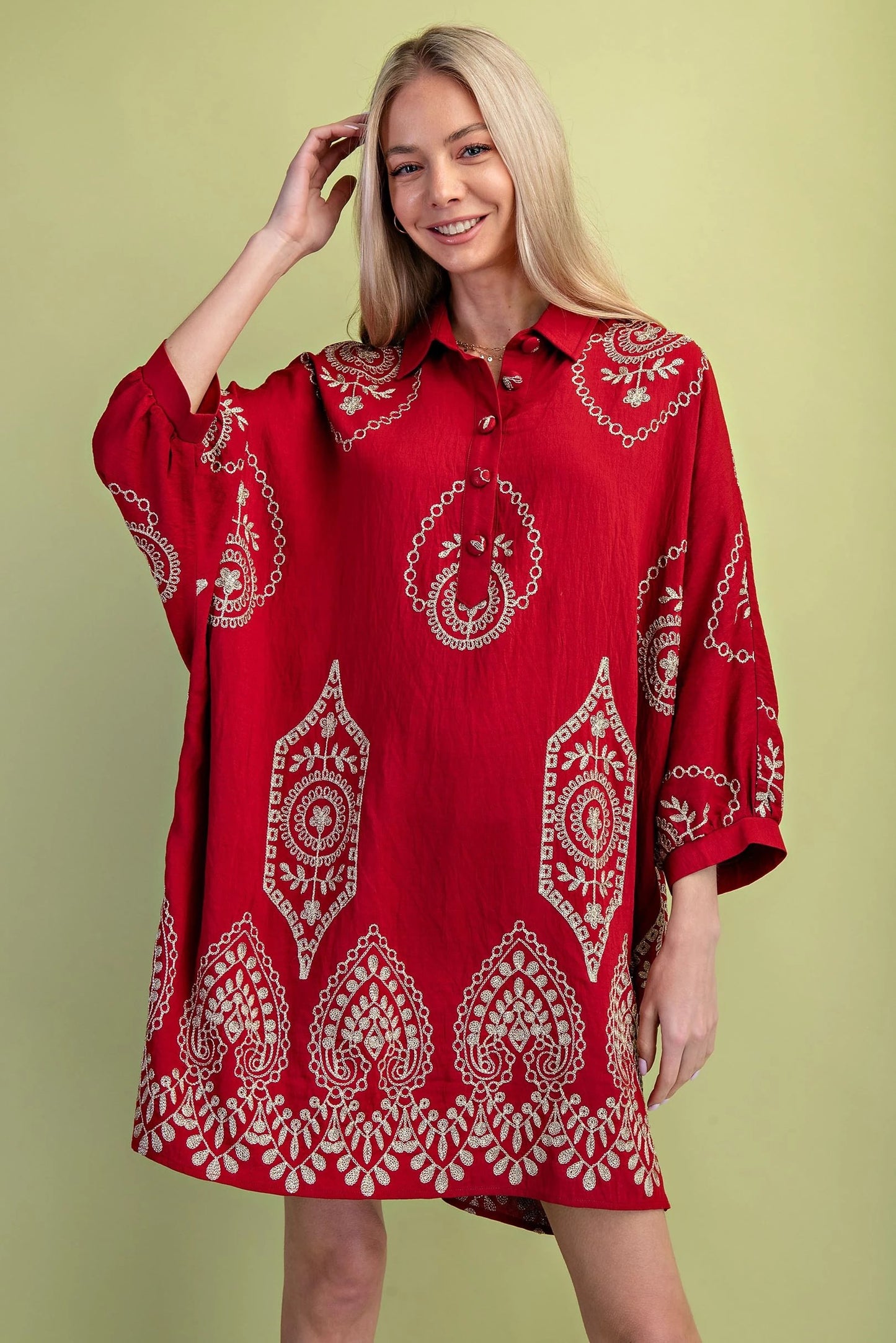 Crimson Dolman Sleeve Shirt Dress