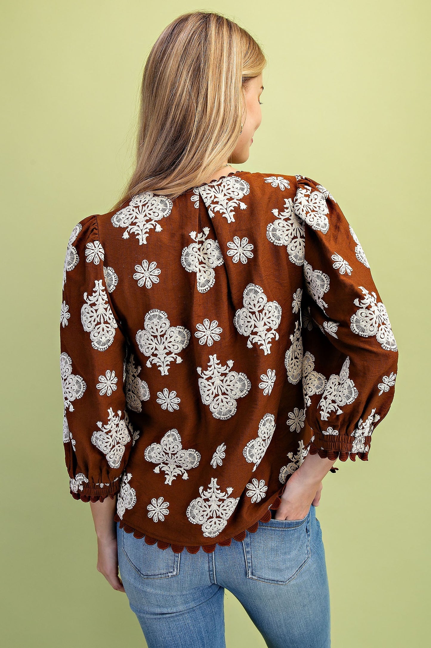 Walnut Puff Printed V neck Blouse