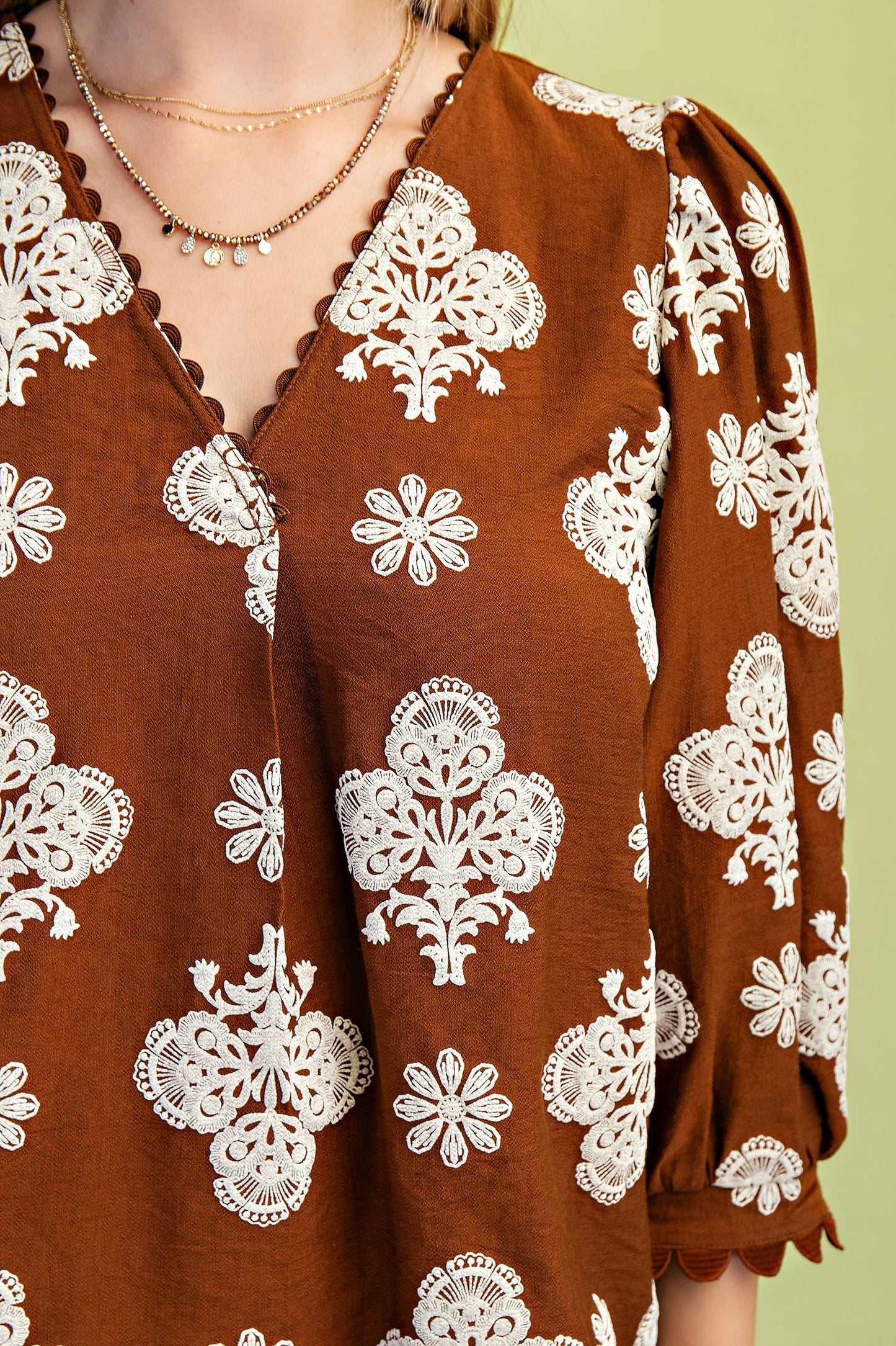 Walnut Puff Printed V neck Blouse