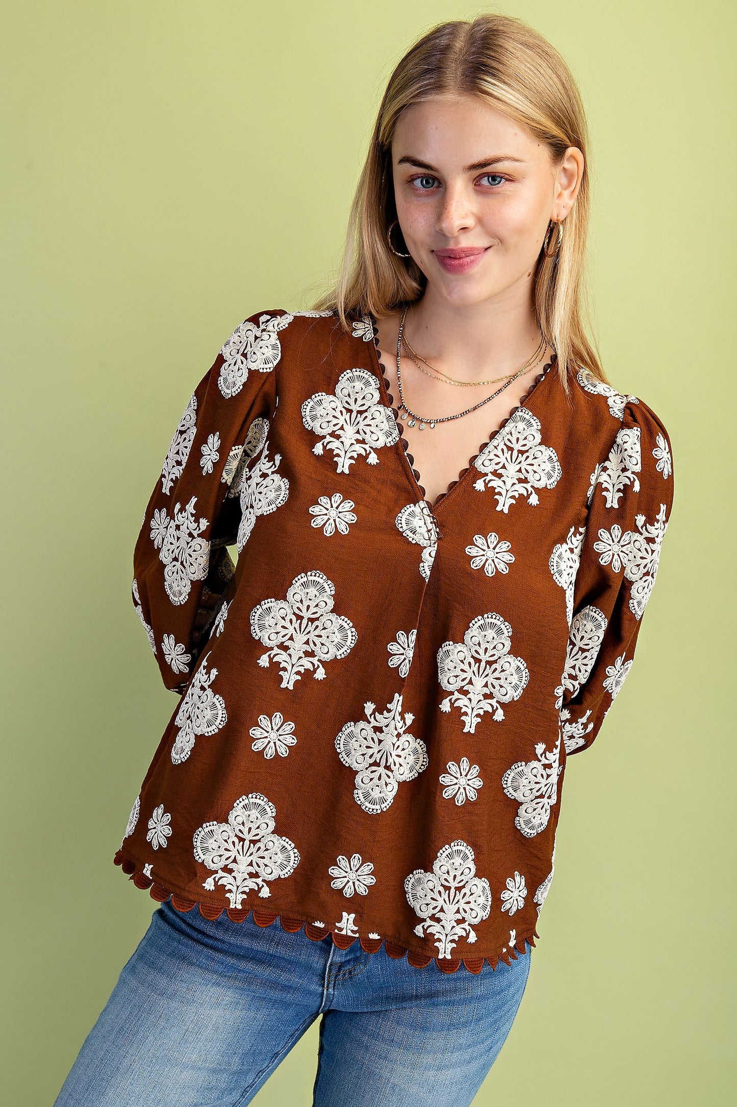 Walnut Puff Printed V neck Blouse