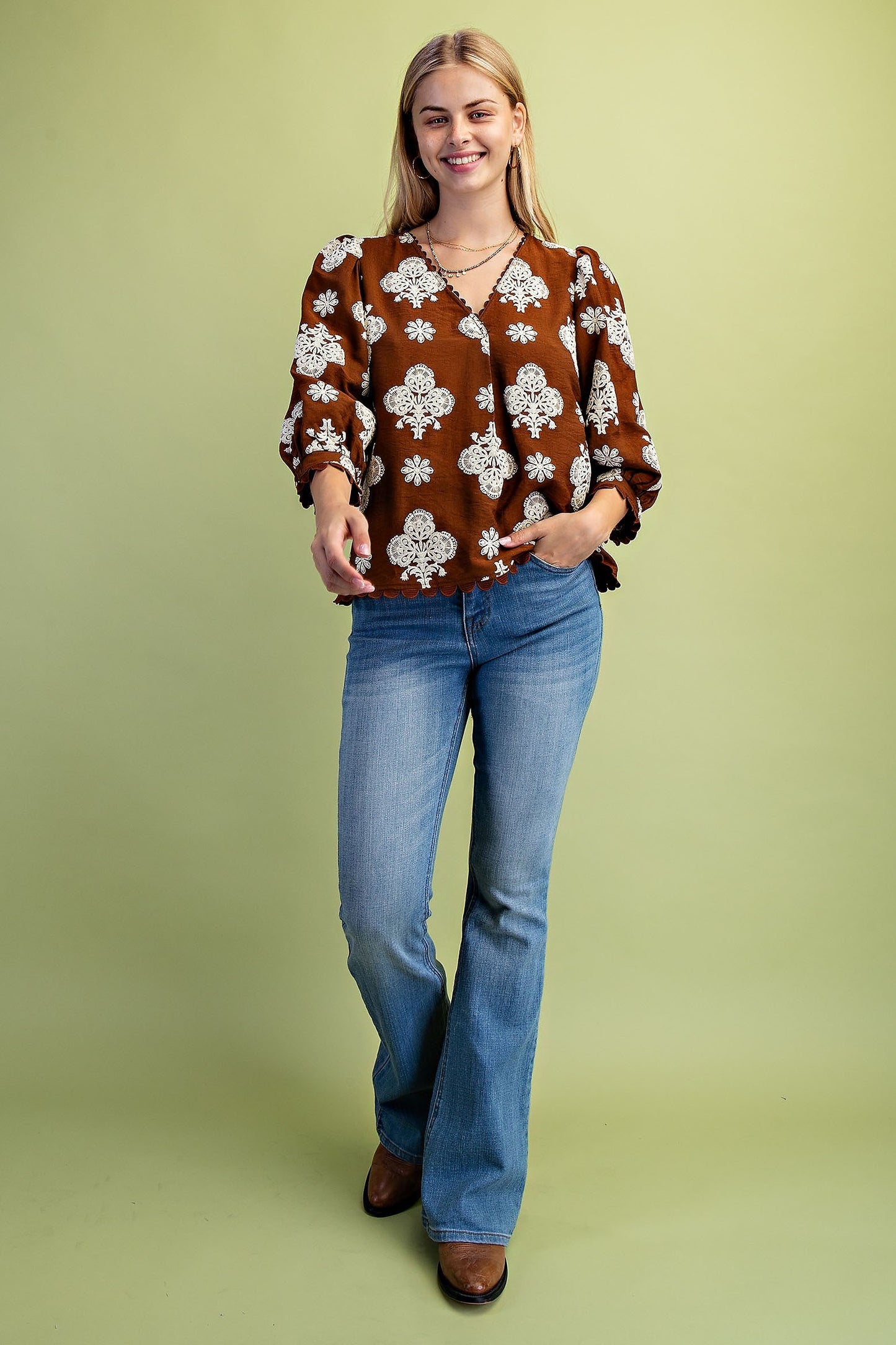 Walnut Puff Printed V neck Blouse