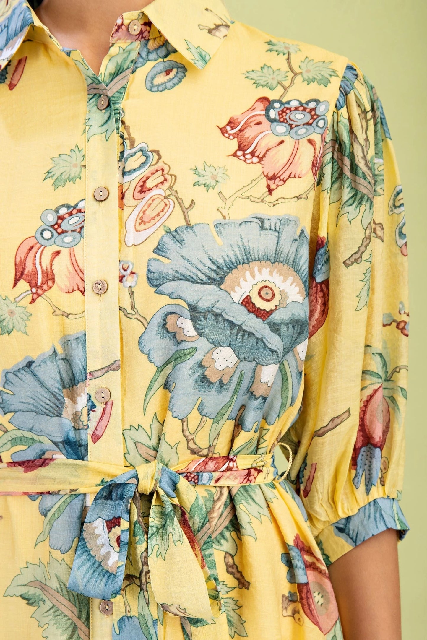 Yellow Floral Shirt Dress with Waist tie