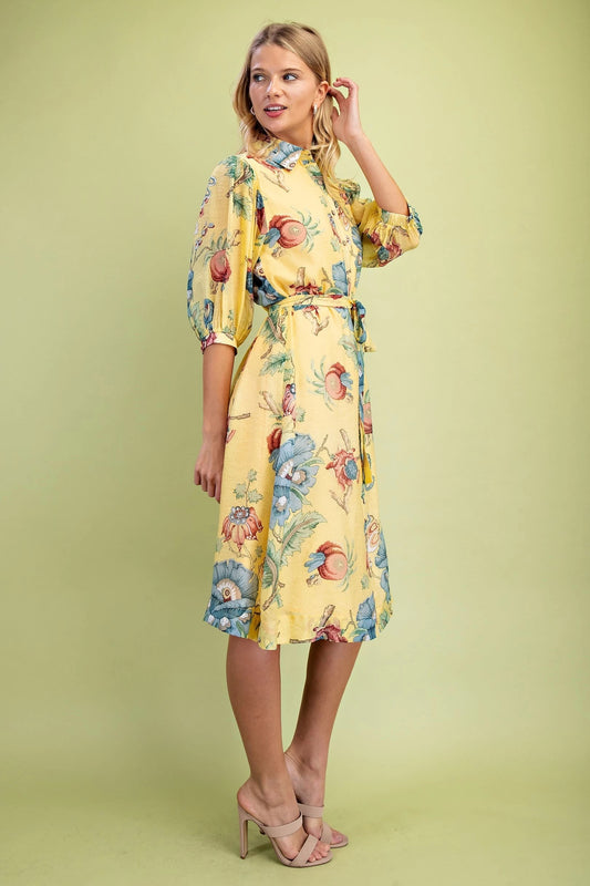 Yellow Floral Shirt Dress with Waist tie