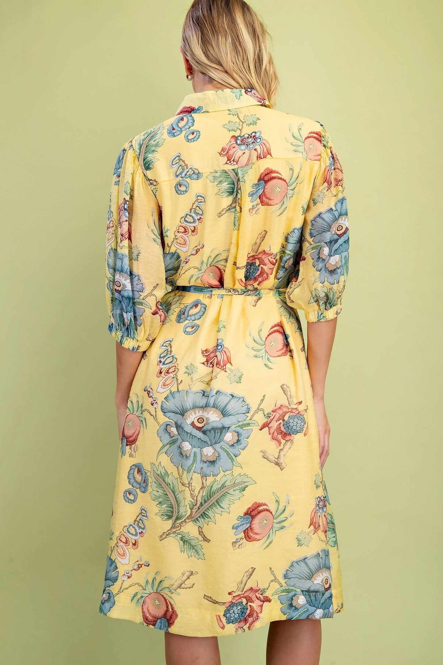 Yellow Floral Shirt Dress with Waist tie