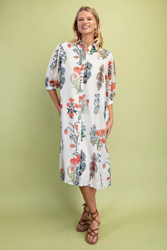 White Floral Shirt Dress with Waist Tie