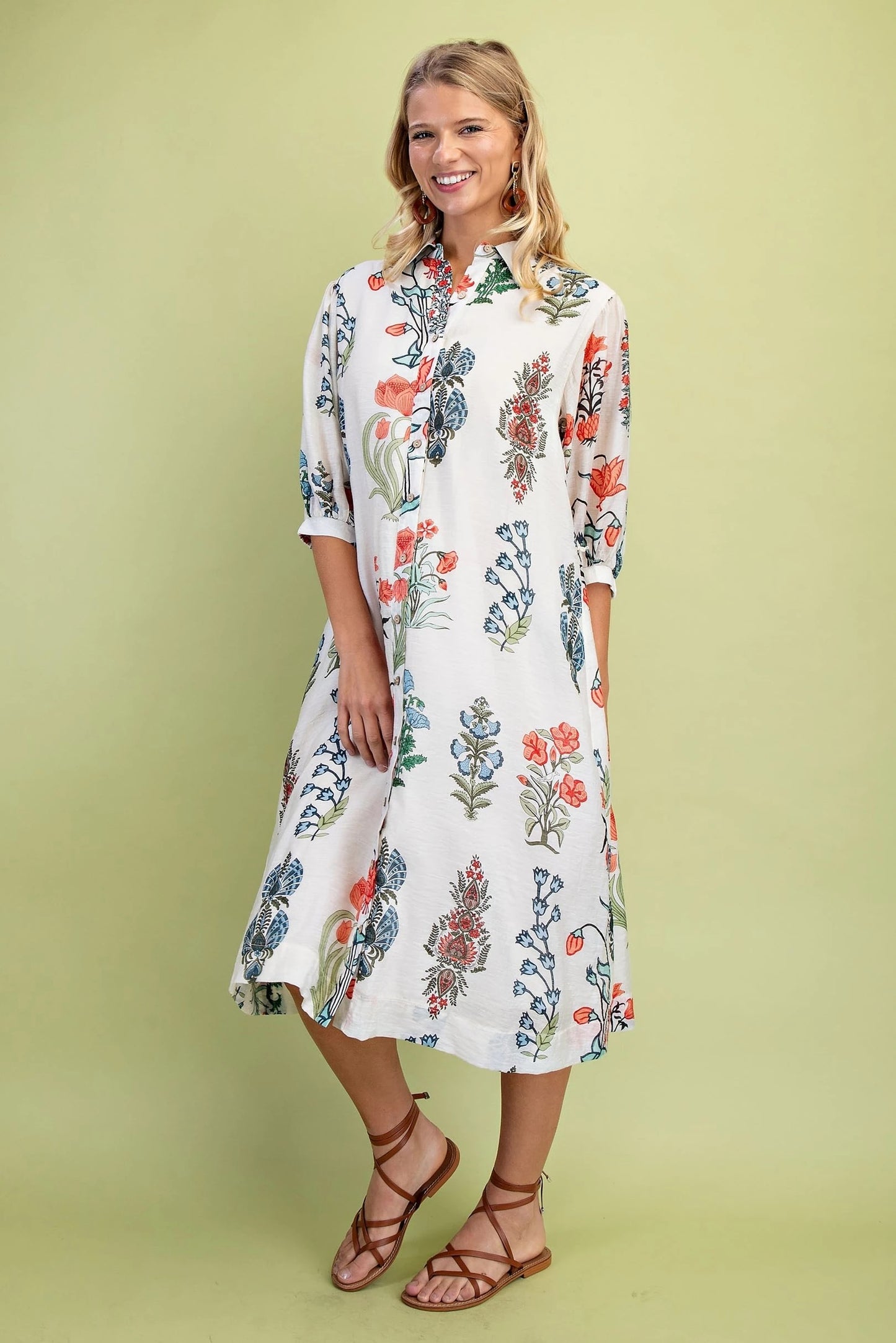 White Floral Shirt Dress with Waist Tie