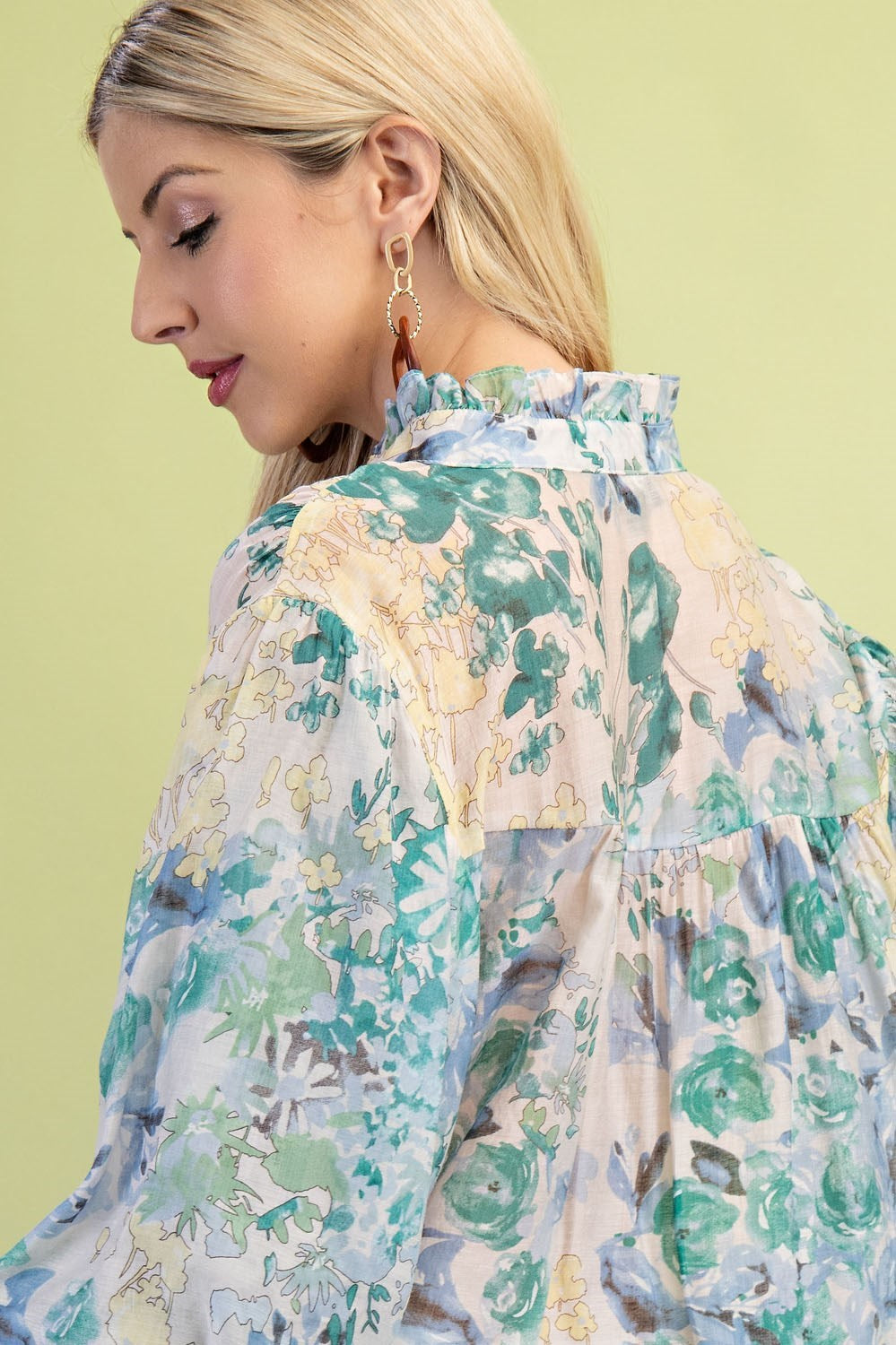 Ivory Mix Floral Button Down 3/4 Balloon Sleeves top