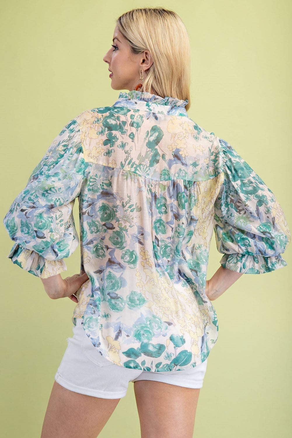 Ivory Mix Floral Button Down 3/4 Balloon Sleeves top