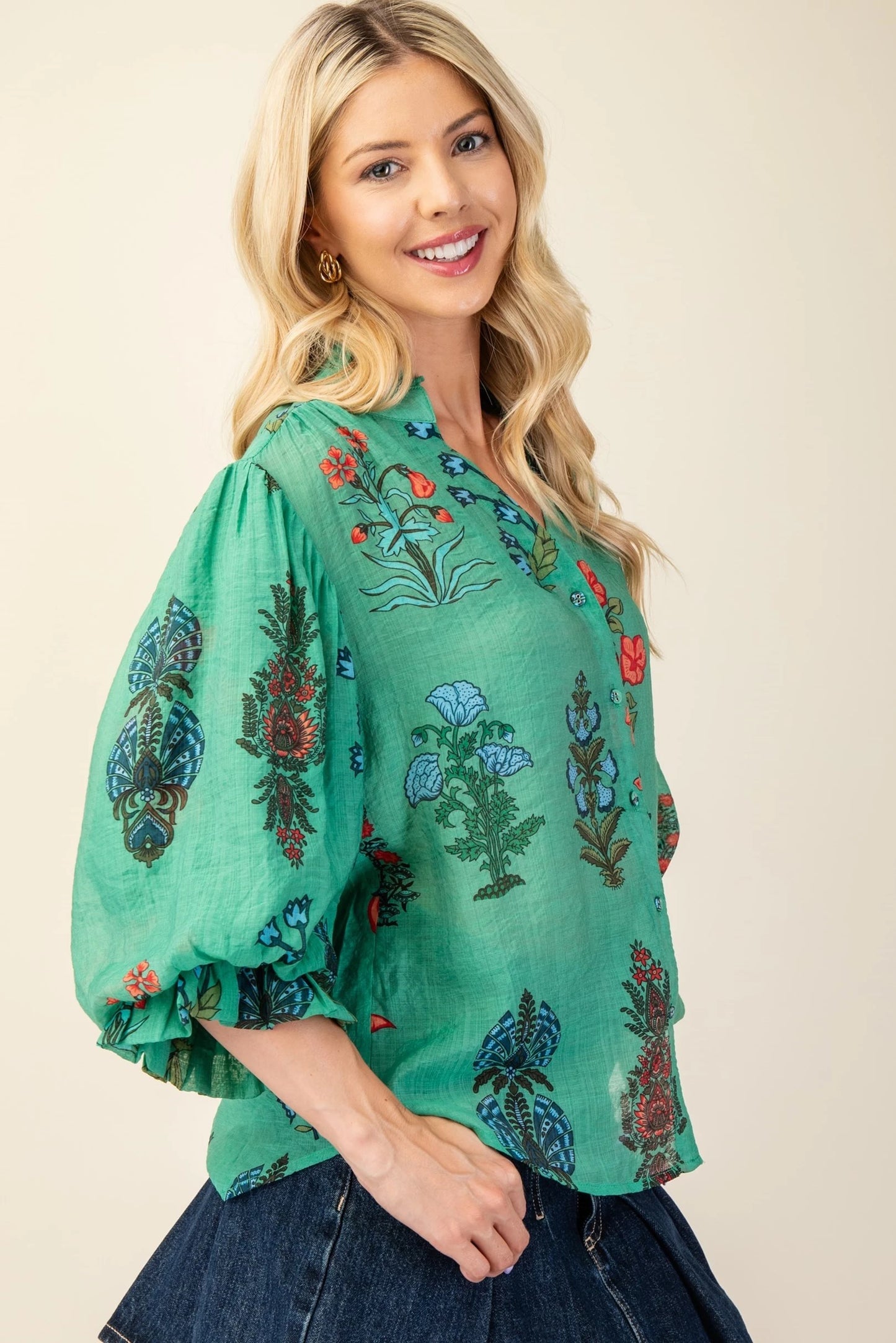 Green Printed 3/4 Length Balloon Sleeve Top