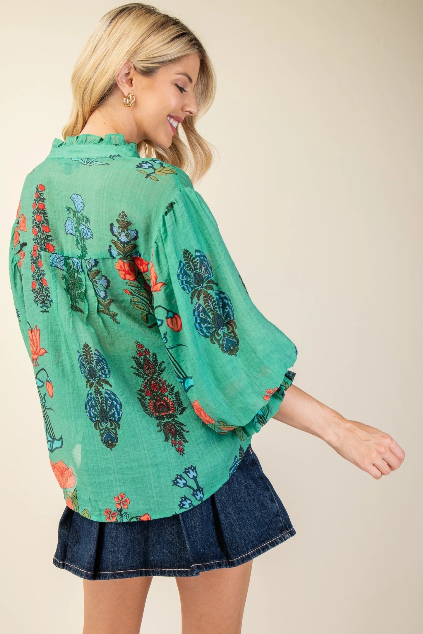 Green Printed 3/4 Length Balloon Sleeve Top