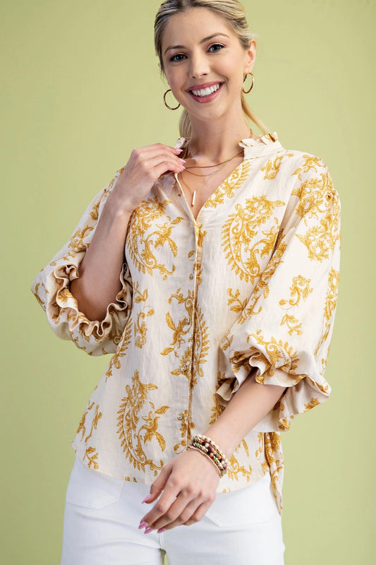 Mustard Scroll Leaf 3/4 Balloon Sleeve Top