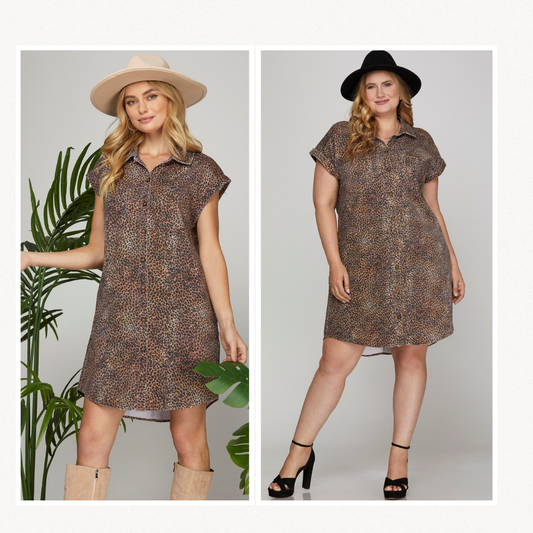 Leopard Button Down Washed Denim Twill Dress w Pockets