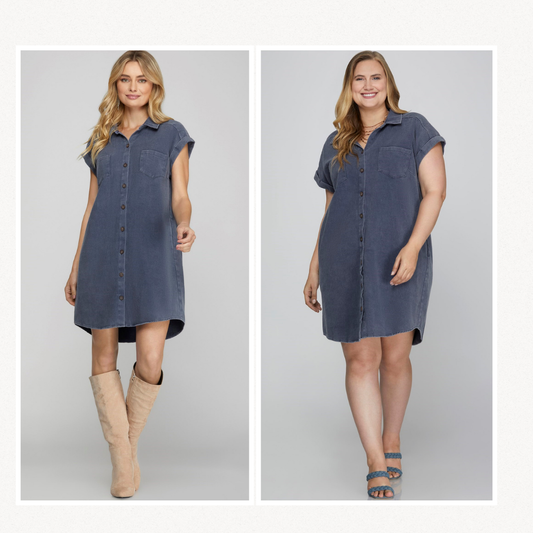 Button Down Washed Denim Twill Dress w Pockets