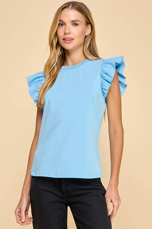 Ruffle Sleeve Poplin Top Blue