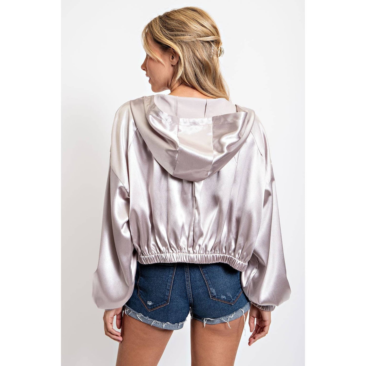 SILVER CROPPED HOODIE ZIP UP JACKET